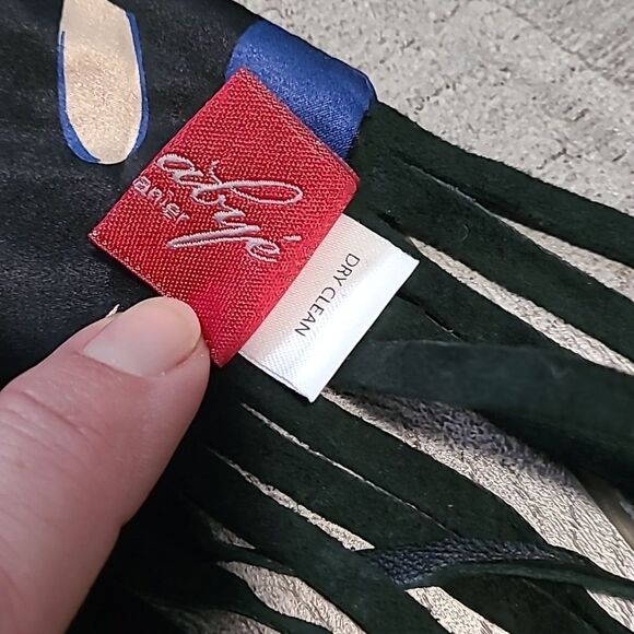 Bien  Abye Blue and Black Patterned Silk Scarf with Leather Fringe - Picture 5 of 6